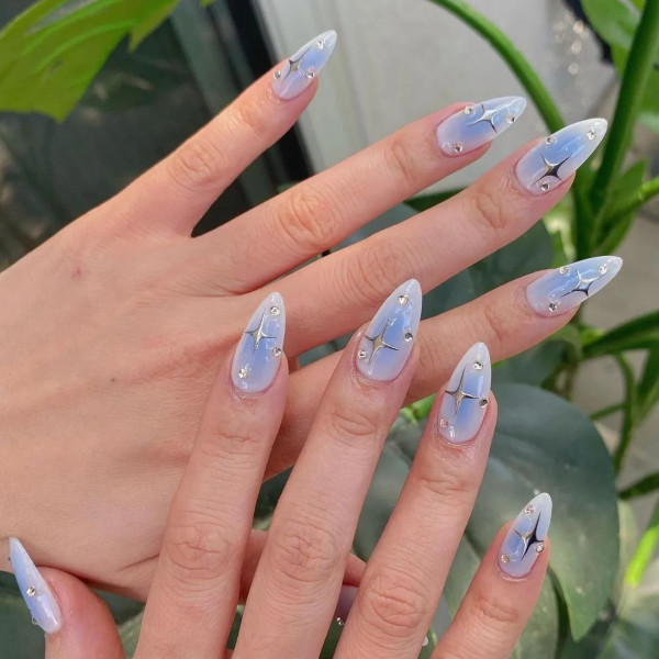 Blue Aura Nails with Metallic Stars and Bubble Gems
