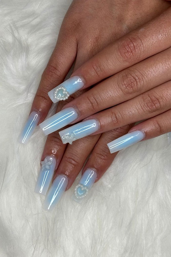 Blue Aura Coquette Nails with Starfish & Pearl Heart Embellishment