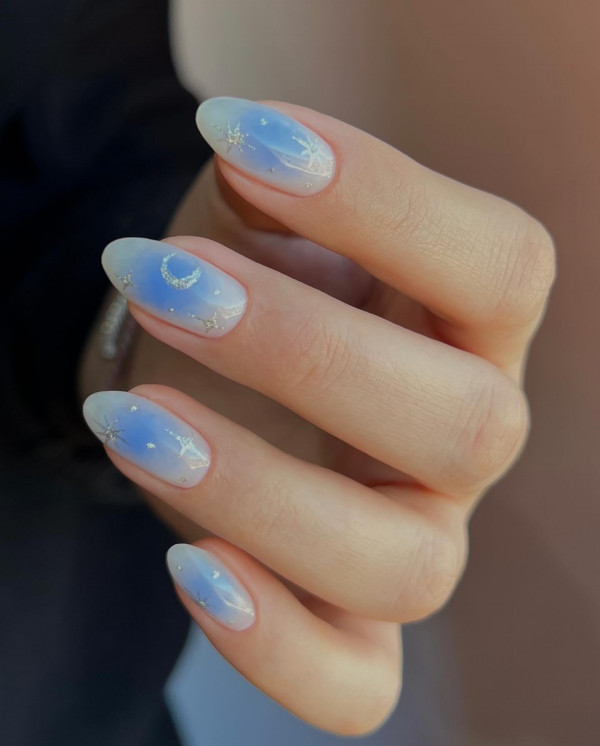 Baby Blue Aura Nails, Celestial Blue Almond Nails, blue aura almond nails, celestial blue nails