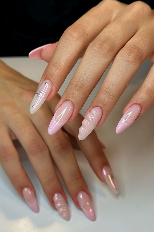 Light Pink Shimmer Elegant Trendy Almond Nails