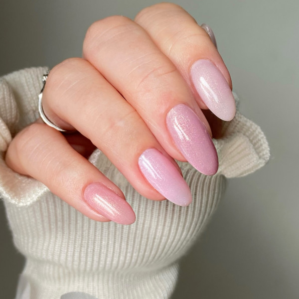 Shimmer Light Pink Elegant Trendy Almond Nails