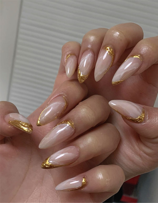 Rose Quartz with Gold Accented Elegant Trendy Almond Nails