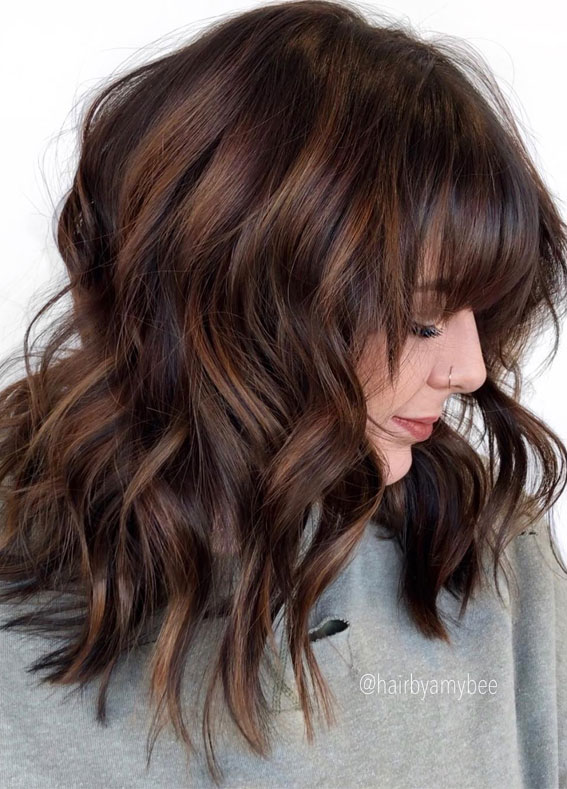 Choppy Textured Chocolate Mid-Length : 21 Best Lob with Bangs Hairstyles