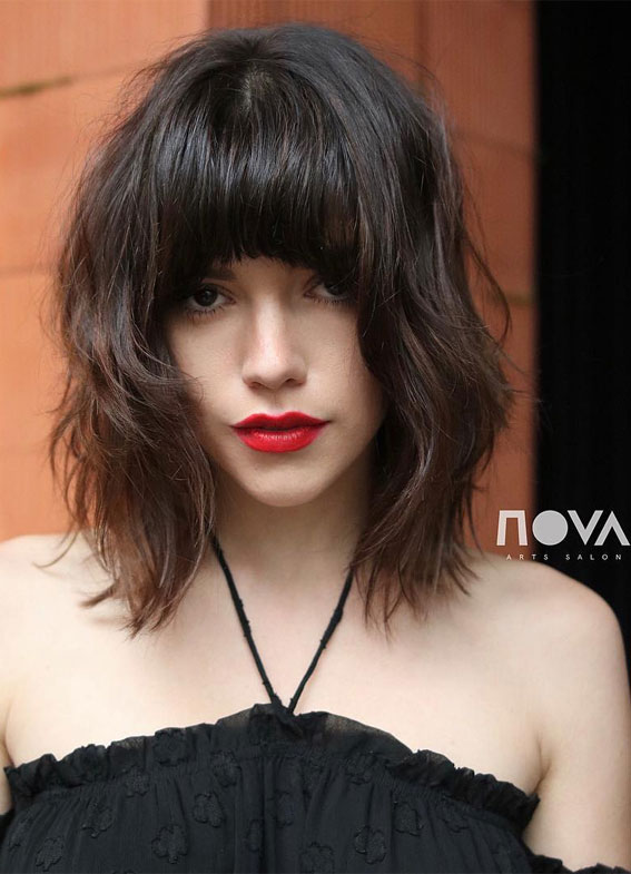 Mid-Length Shaggy Chic Fringe : 21 Best Lob with Bangs Hairstyles