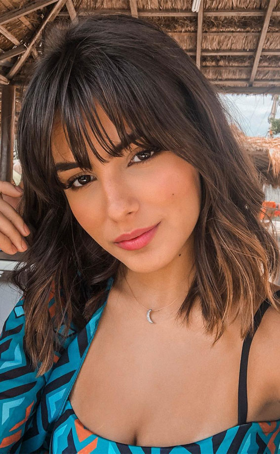 Wavy Caramel-Tipped Lob: 21 Best Lob with Bangs Hairstyles