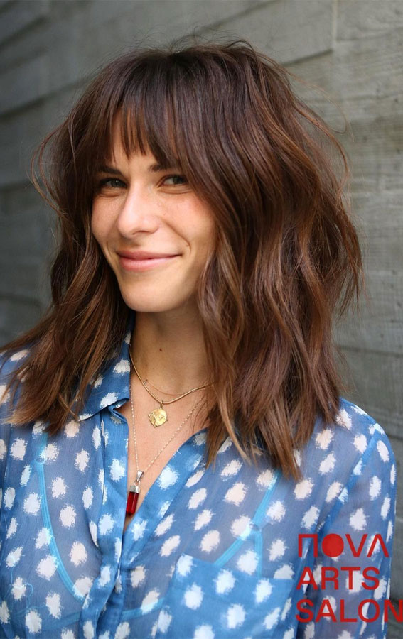 Brunette Soft Layered Mid-Length with Bangs : 21 Best Lob with Bangs Hairstyles