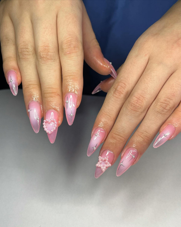 coquette nails, coquette jelly pink nails, almond shaped jelly pink nails