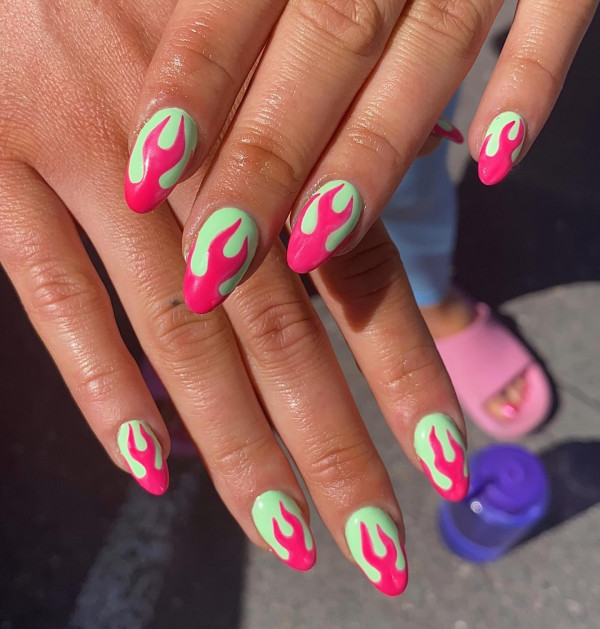 pink hot flame tip green nails, summer holiday nail art