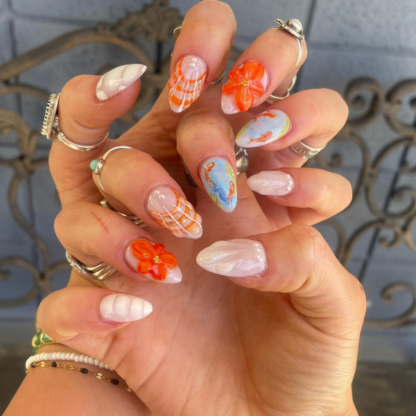 3D Flowers, Seashell and Marble Nail Designs, beach vibe nails