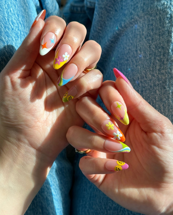 colourful french tip nails, summer holiday nails