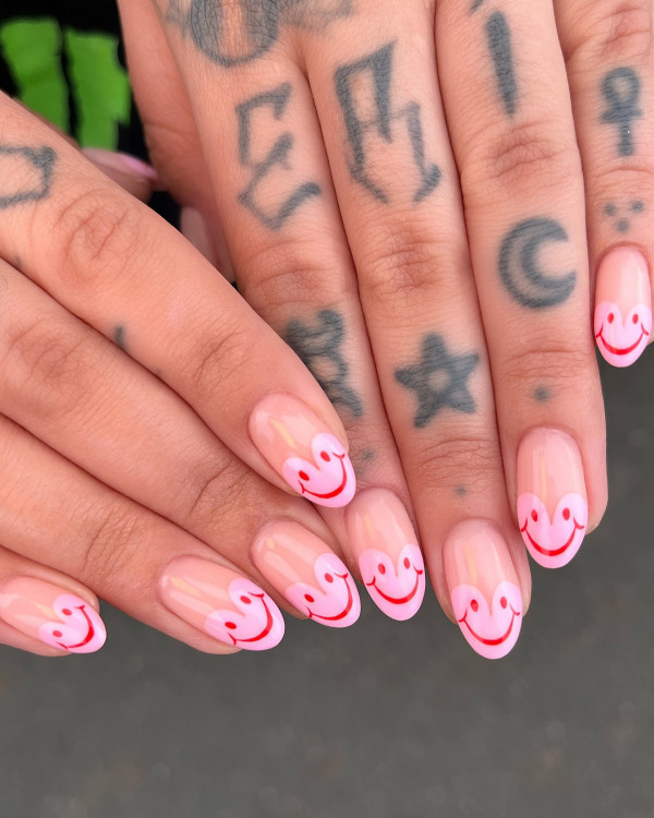 pink heart smiley face tip nails