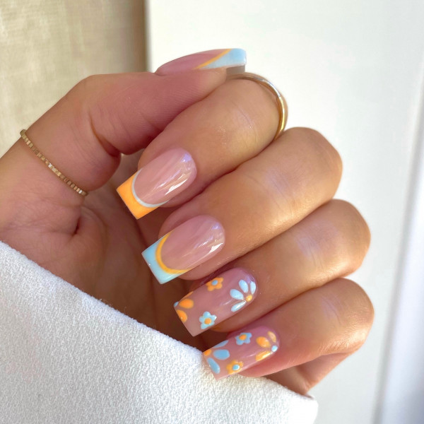 Pastel French Tip Summer Holiday Nails with Floral Design