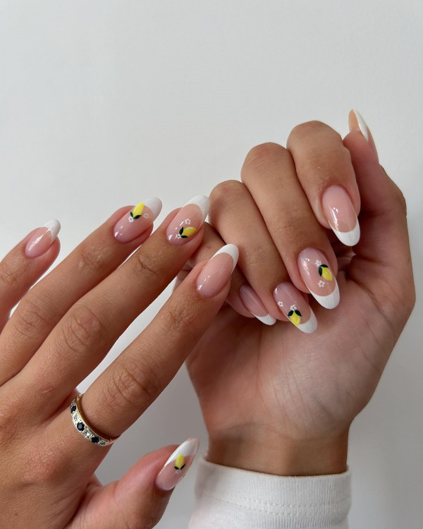 French tip nails with lemon accents, summer holiday nails