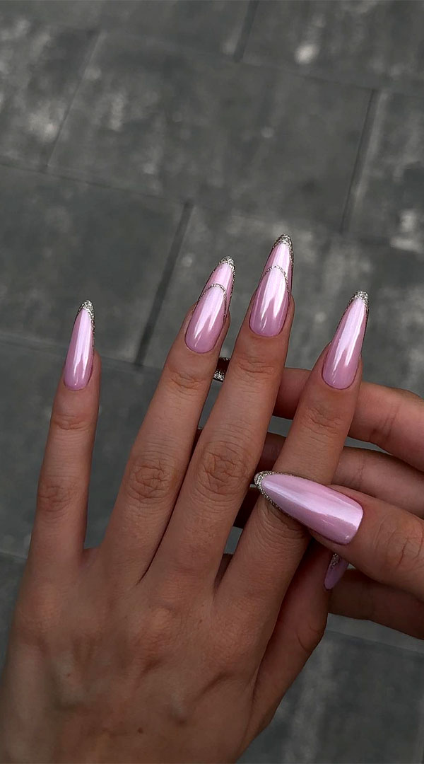 glitter double French tip pink glazed nails, french tip pink glazed almond nails, glitter french tip pink almond nails