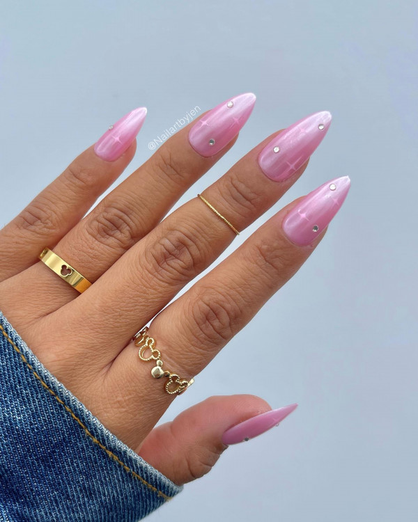 strawberry pink glazed nails, pink glazed almond nails, bright pink almond nails
