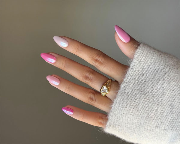 bright pink glazed nails, pink glazed almond nails, bright pink almond nails