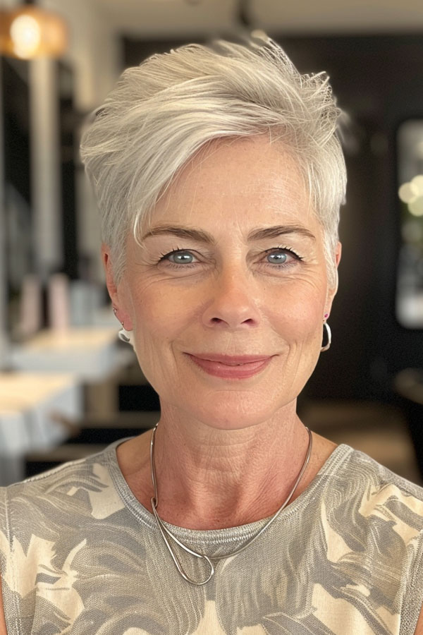 Sleek Platinum Silver Pixie, pixie bob haircut for women over 60