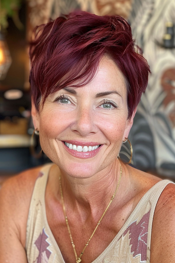 Bold Rich Burgundy Pixie haircut for women over 60