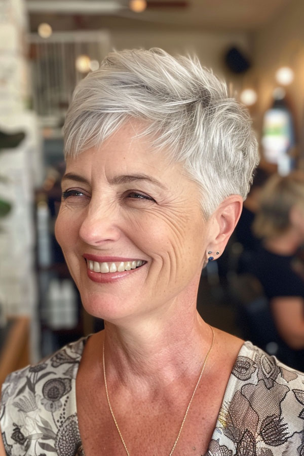 30 Pixie Haircuts For Over 60 : Playful Silver Ash Pixie