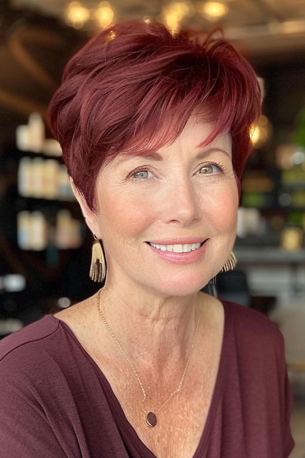 Vibrant Red Mahogany Pixie, pixie haircut for women over 60