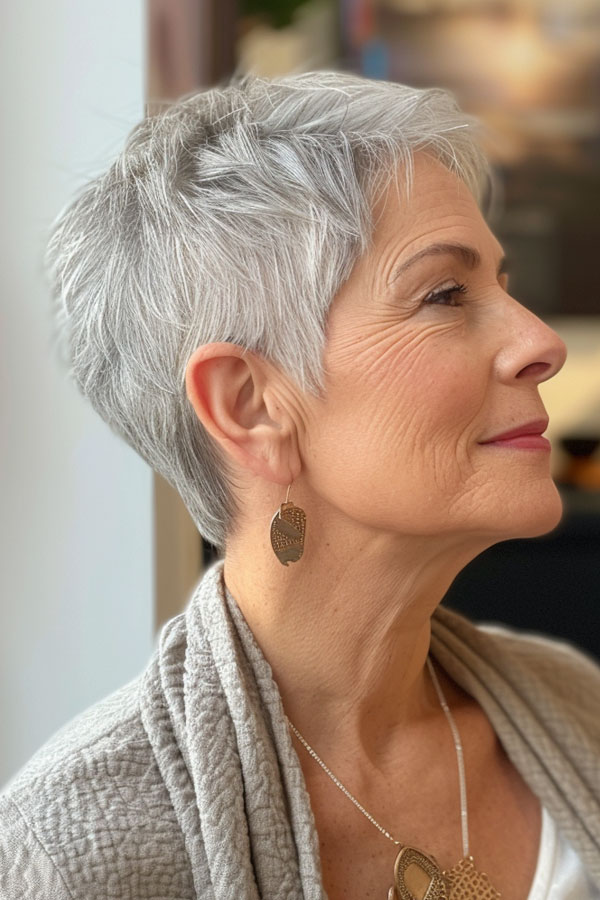 pixie haircut for women over 60, elegant pixie,  Low-Maintenance Silver Pixie