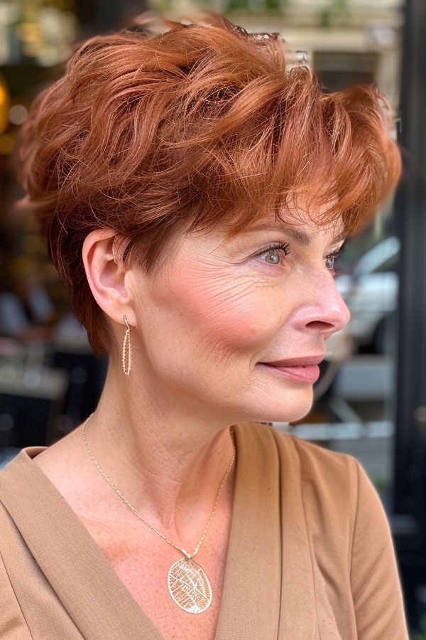 Autumn Red Copper Pixie, pixie haircut for women over 60