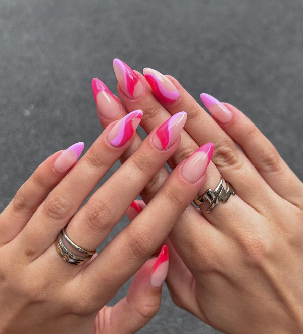 25 Summer Nails Ideas : Pink Wave Elegant Almond-Shaped Nails