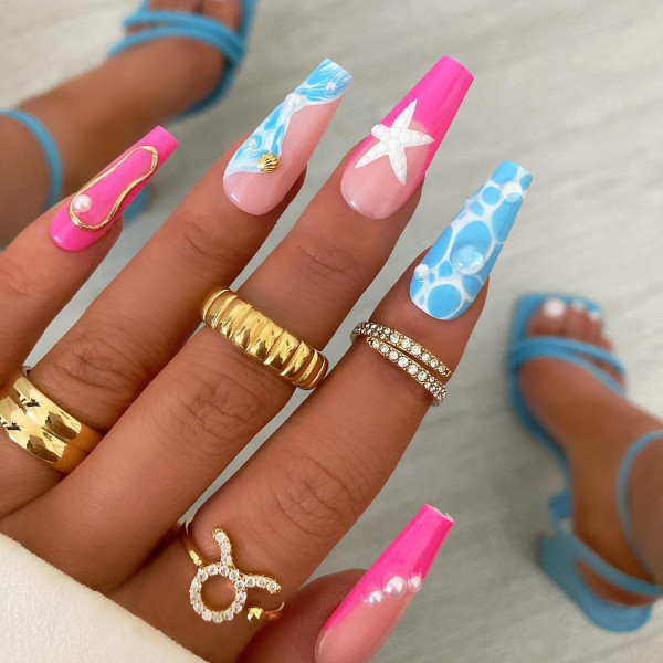 25 Summer Nails Ideas : Barbie Ocean Glam Acrylic Nails