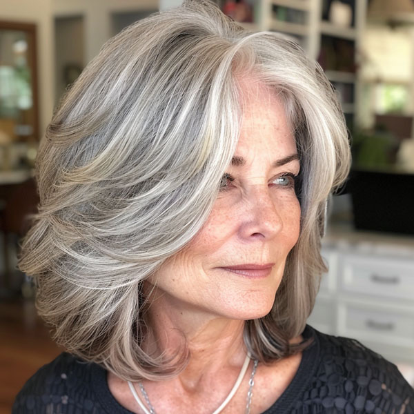 30 Hairstyles for Women Over 60 : Silver Fox Medium-Length Layers