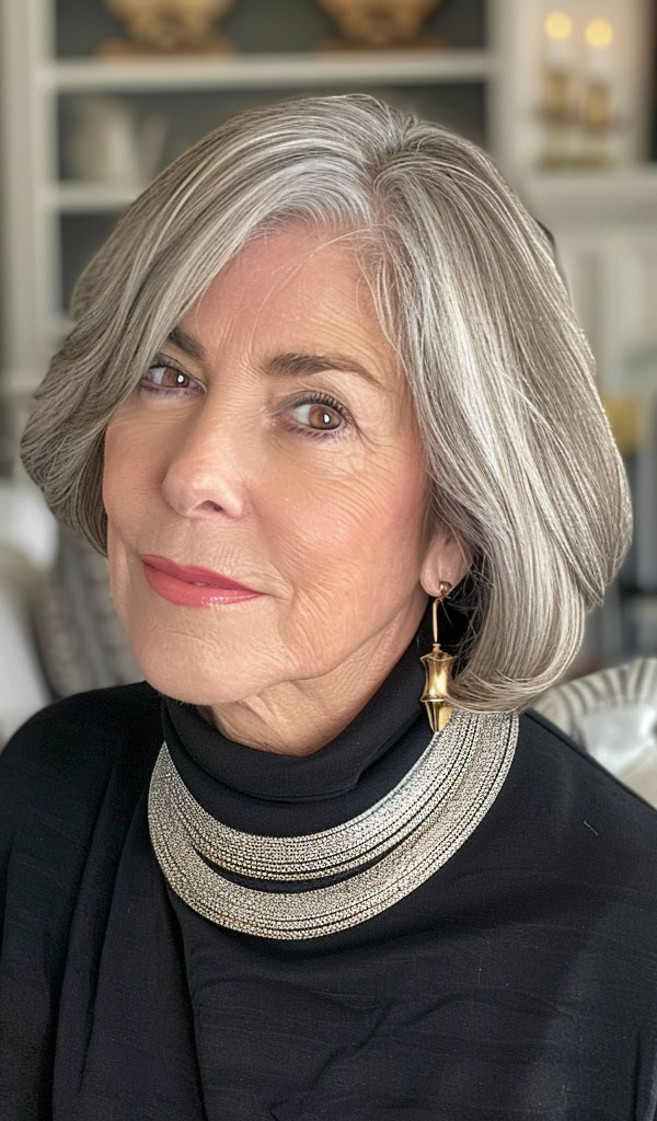 30 Hairstyles for Women Over 60 : Medium-Length Silver Bob