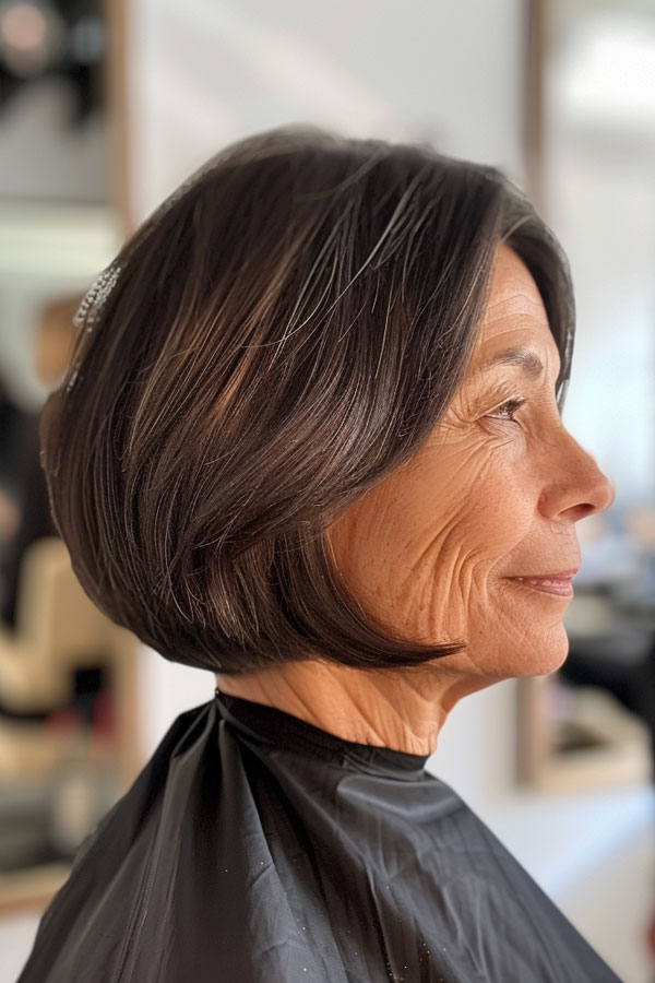 Hairstyles for Women Over 60 : Rich Dark Brown Sleek Bob