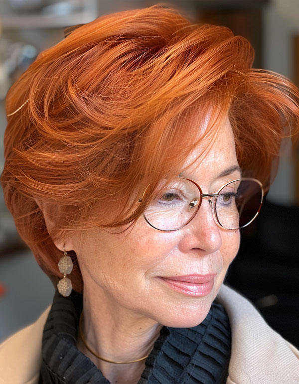 Vibrant Copper Pixie, hairstyle for women over 60