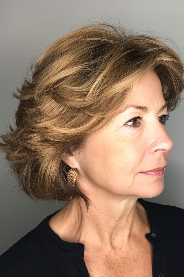 30 Hairstyles for Women Over 60 : Layered Honey Blonde Bob