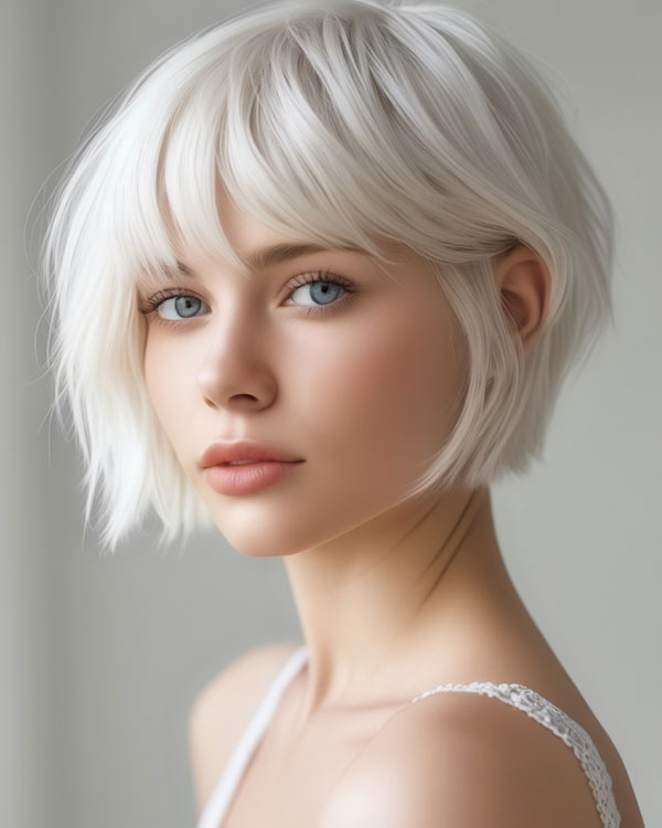 35 French Bob Haircuts : Platinum Blonde French Bob with Choppy Bangs