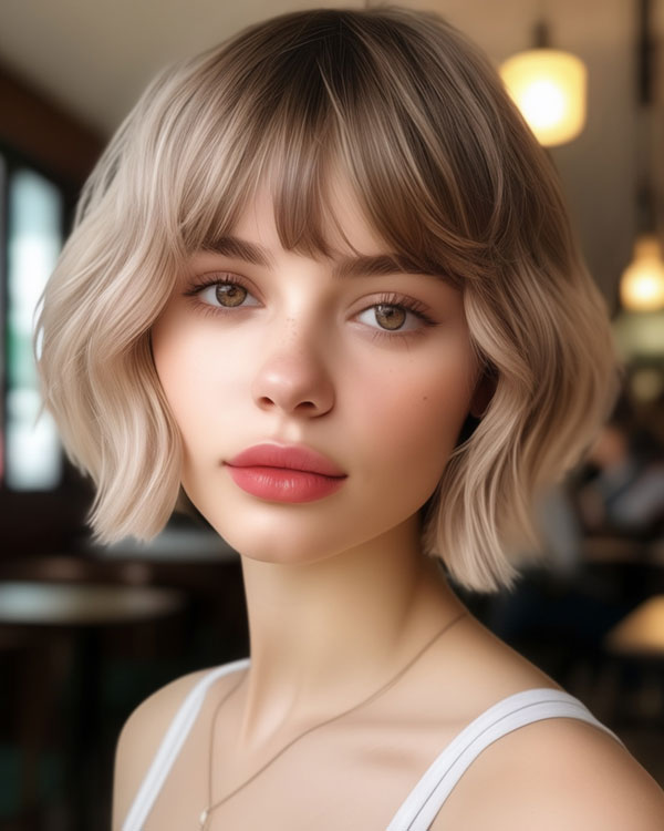 35 French Bob Haircuts : Soft Blonde French Bob with Full Bangs