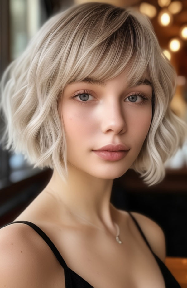 Wavy Blonde French Bob with Curtain Bangs