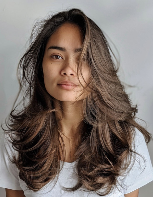 Tousled Brunette Layers, Long Butterfly Layered Haircut