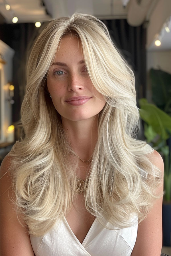 30 Long Butterfly Layered Haircuts : Luminous Blonde Layers