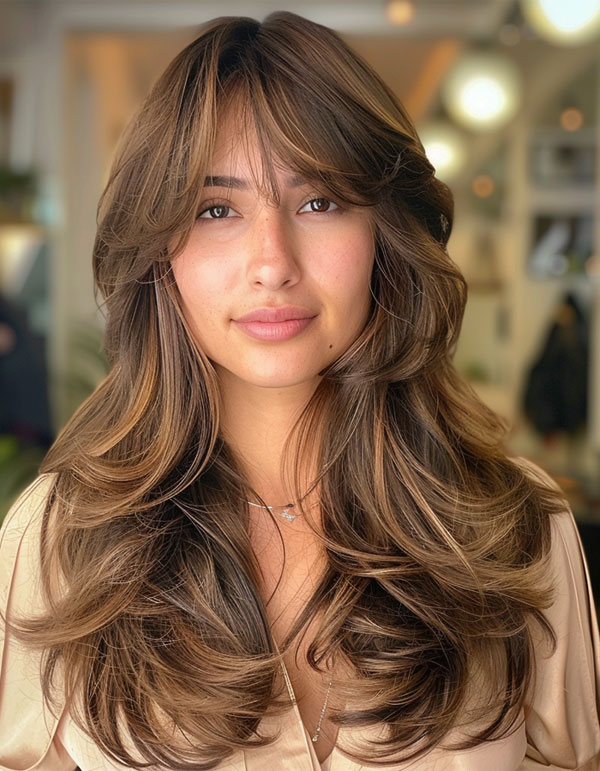 Rich Brunette Layers with Soft Highlights, Long Butterfly Layered Haircut