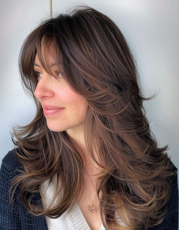 Feathered Layers with Subtle Highlights, butterfly layered haircut, Cute Layered Hairstyle For Long Hair, long layered haircut