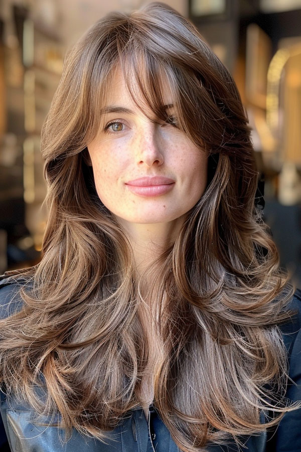 30 Long Butterfly Layered Haircuts : Classic Brunette Layers with Soft Bangs