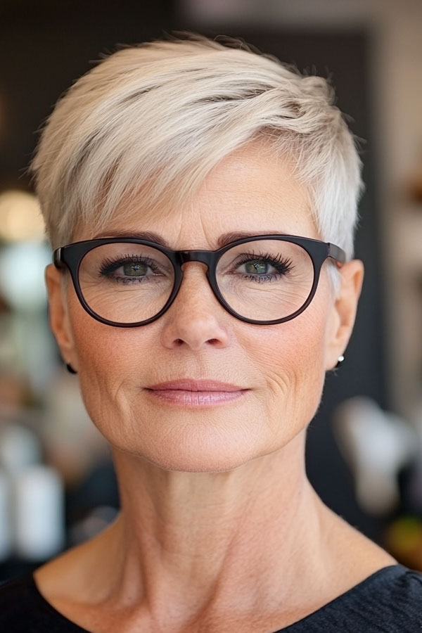 30 Short Haircuts for Women Over 60 with Glasses : Modern Icy Platinum Pixie