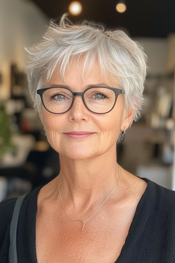 30 Short Haircuts for Women Over 60 with Glasses : Playful Silver Pixie