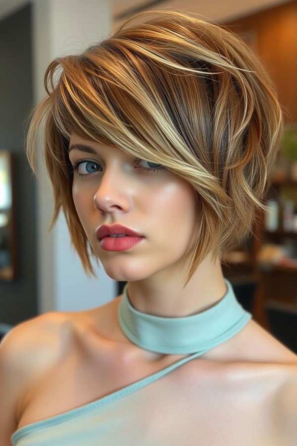 40 Pixie Haircuts for Modern Women : Glamorous Caramel Sweep Pixie