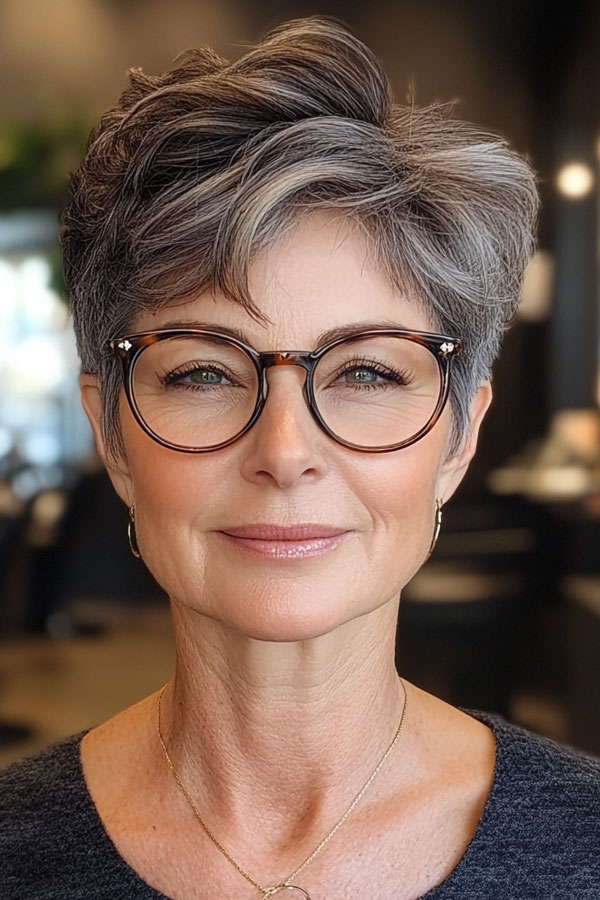 Salt and Pepper Volume Pixie, Short Haircut for Women Over 60 with Glasses