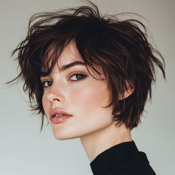 43 Bixie Haircuts For a Chic & Modern Look : Deep Espresso Tousled Bixie