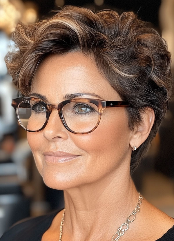 Sophisticated Brunette Pixie, pixie haircut for women over 60, Short Haircut for Women Over 60 with Glasses