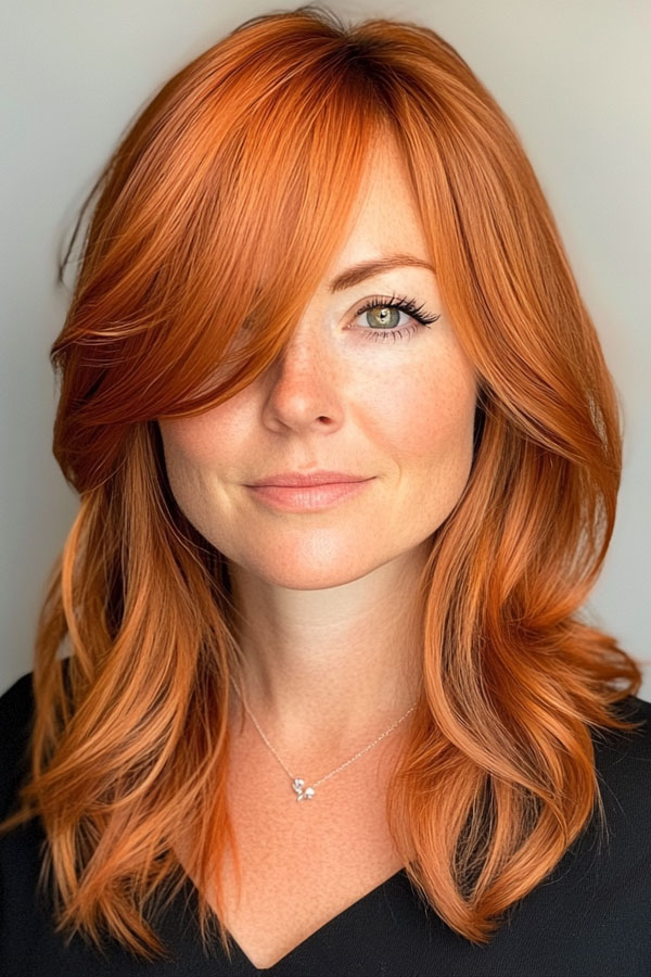 Copper Layers with Side-Swept Bangs, Layered Haircuts for Women Over 40