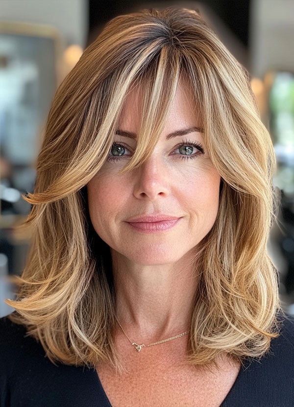 35 Layered Haircuts for Women Over 40 : Blonde Shoulder-Length Layers