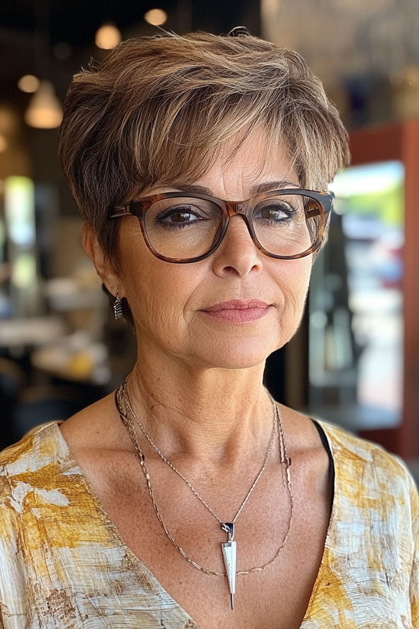 Classic Layered Pixie, Short Haircut for Women Over 60 with Glasses